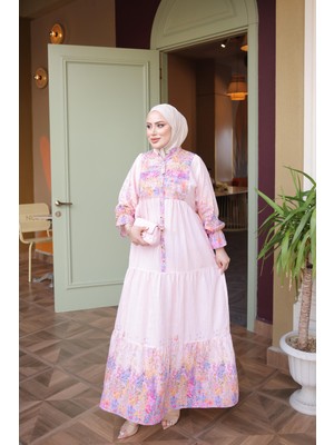 İmaj Butik Pudra Yarım Düğmeli Kol Lastikli Eteği Katlı Elbise