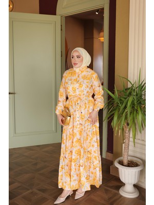 İmaj Butik Sarı Yarım Düğmeli Kol Lastikli Eteği Katlı Elbise