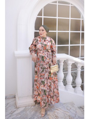 İmaj Butik Yeşil Kol Lastikli Toka Detaylı Elbise