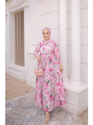 İmaj Butik Pembe Yarım Düğmeli Kol Lastikli Eteği Katlı Elbise