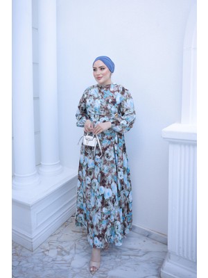 İmaj Butik Mavi Kol Lastikli Toka Detaylı Elbise