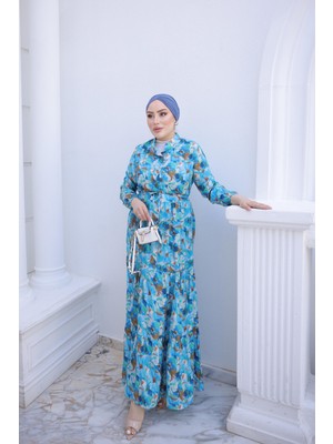 İmaj Butik Mavi Yarım Düğmeli Kol Lastikli Eteği Katlı Elbise