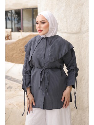 İmaj Butik Antrasit Mendil Yaka Çizgili Gömlek