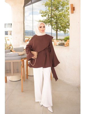 İmaj Butik Kahverengi Bel Bağlamalı Yaka Detaylı Müslin Tunik