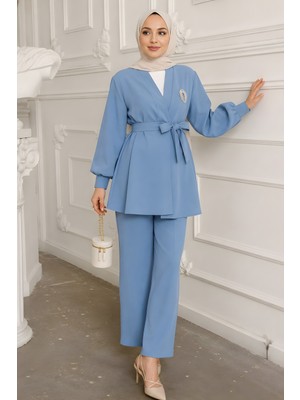 İmaj Butik Mavi Yaka Bronş Detaylı  Tunik Pantolonlu Takım