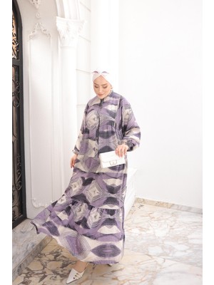 İmaj Butik Mor Yarım Düğmeli Kol Lastikli Eteği Katlı Viskon Elbise
