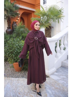İmaj Butik Mürdüm Pelerinli Astarlı Bluz Modal  Etekli Takım