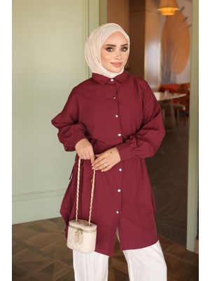 İmaj Butik Bordo Bel Bağlamalı Düğmeli Tunik