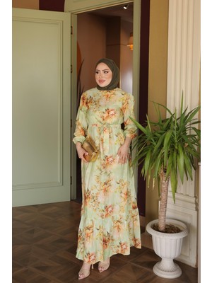 İmaj Butik Yeşil Eteği Katlı Desenli Viskon Elbise