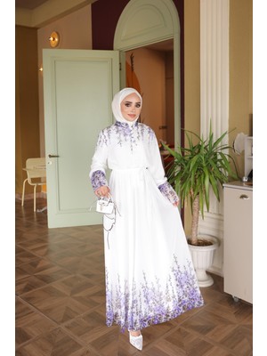 İmaj Butik Ekru Bel Lastikli Desenli Elbise