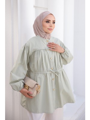 İmaj Butik Çağla Kol Lastikli Ön Bağlamalı Büzgülü Gömlek