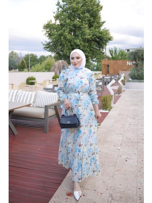 İmaj Butik Bebe Mavi Eteği Katlı Desenli Viskon Elbise