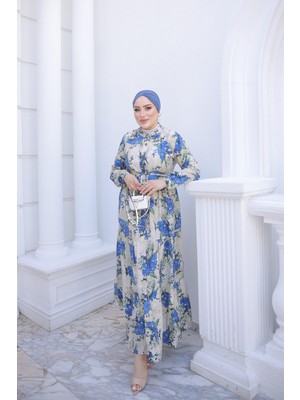 İmaj Butik Saks Mavi Yarım Düğmeli Kol Lastikli Eteği Katlı Elbise