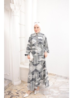 İmaj Butik Gri Yarım Düğmeli Kol Lastikli Eteği Katlı Viskon Elbise