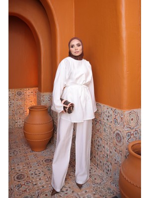 İmaj Butik Ekru Omuz Tokalı Tunik Pantolonlu Takım