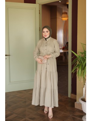 İmaj Butik Haki Kol Lastikli  Eteği Katlı Müslin Elbise