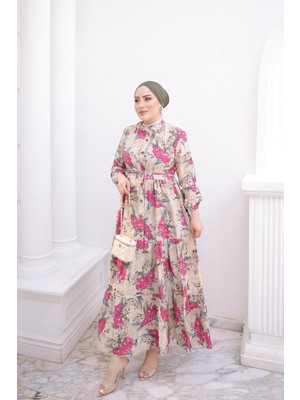 İmaj Butik Fuşya Yarım Düğmeli Kol Lastikli Eteği Katlı Elbise