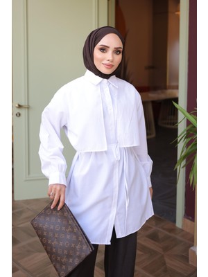 İmaj Butik Beyaz Rüzgarlık Detaylı Bel Bağlamalı Gömlek