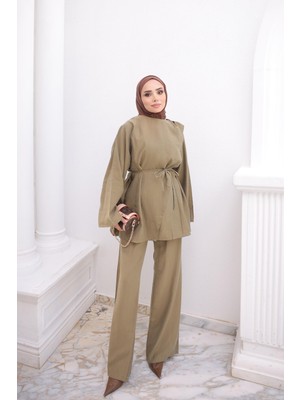 İmaj Butik Haki Omuz Tokalı Tunik Pantolonlu Takım