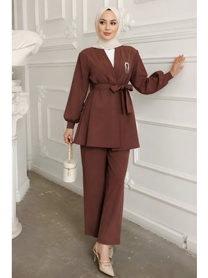 İmaj Butik Kahverengi Yaka Bronş Detaylı  Tunik Pantolonlu Takım