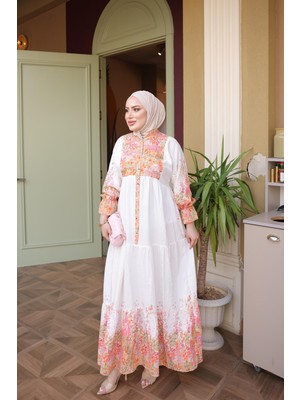 İmaj Butik Beyaz Yarım Düğmeli Kol Lastikli Eteği Katlı Elbise