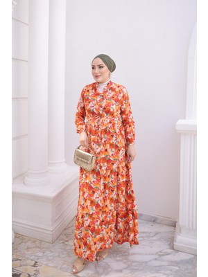 İmaj Butik Orange Yarım Düğmeli Kol Lastikli Eteği Katlı Elbise