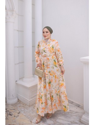 İmaj Butik Orange Yarım Düğmeli Kol Lastikli Eteği Katlı Elbise