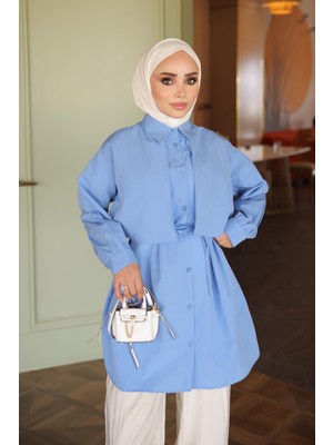 İmaj Butik Mavi Rüzgarlık Detaylı Bel Bağlamalı Gömlek