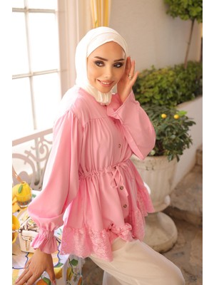 İmaj Butik Pembe Kol Lastikli Eteği Dantelli Gömlek