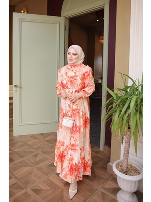 İmaj Butik Nar Çiçeği Eteği Katlı Desenli Viskon Elbise