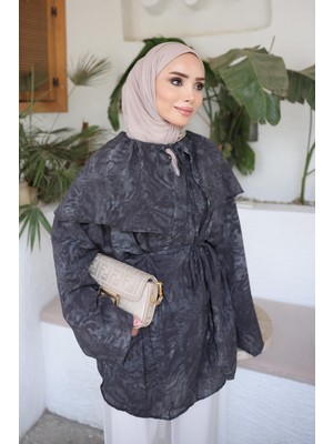 İmaj Butik Antrasit Yaka Pelerinli Desenli Tunik
