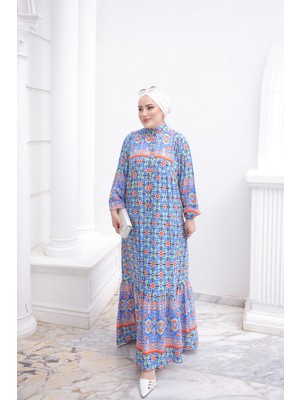 İmaj Butik Saks Mavi Yarım Düğmeli Kol Lastikli Eteği Katlı Viskon Elbise