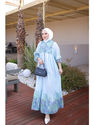 İmaj Butik Mavi Yarım Düğmeli Kol Lastikli Eteği Katlı Elbise