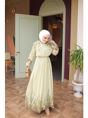 İmaj Butik Yağ Yeşili Bel Lastikli Desenli Elbise