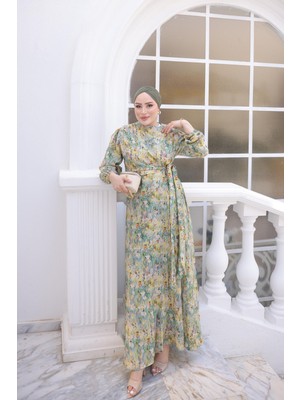 İmaj Butik Yeşil Sarı Kol Lastikli Toka Detaylı Elbise