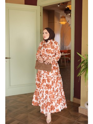 İmaj Butik Taba Yarım Düğmeli Kol Lastikli Eteği Katlı Elbise