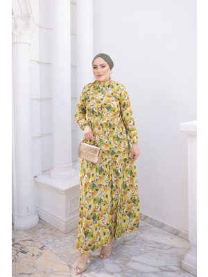 İmaj Butik Sarı Yarım Düğmeli Kol Lastikli Eteği Katlı Elbise