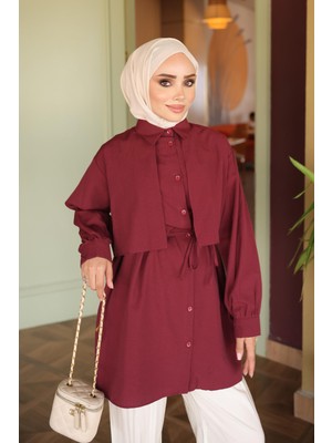İmaj Butik Bordo Rüzgarlık Detaylı Bel Bağlamalı Gömlek