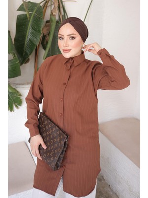 İmaj Butik Kahverengi Çizgili Tunik Gömlek