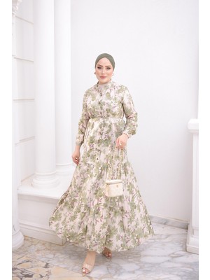 İmaj Butik Yeşil Yarım Düğmeli Kol Lastikli Eteği Katlı Elbise