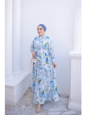 İmaj Butik Açık Mavi Yarım Düğmeli Kol Lastikli Eteği Katlı Elbise