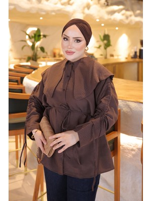 İmaj Butik Kahverengi Mendil Yaka Çizgili Gömlek