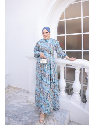 İmaj Butik Mavi Kol Lastikli Toka Detaylı Elbise