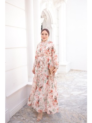 İmaj Butik Kiremit Yarım Düğmeli Kol Lastikli Eteği Katlı Elbise