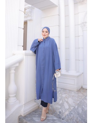İmaj Butik Indigo Düğmeli Uzun Salaş Tunik