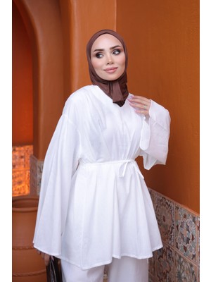 İmaj Butik Ekru V Yaka Geniş Kol Keten Tunik
