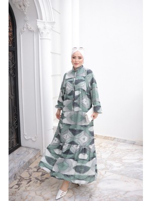 İmaj Butik Haki Yarım Düğmeli Kol Lastikli Eteği Katlı Viskon Elbise