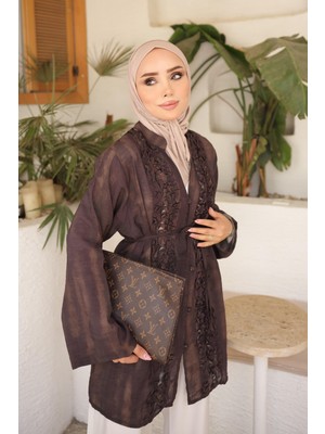 İmaj Butik Kahverengi Bel Bağlamalı Fırfırlı Desenli Gömlek