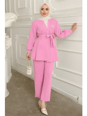 İmaj Butik Pembe Yaka Bronş Detaylı  Tunik Pantolonlu Takım