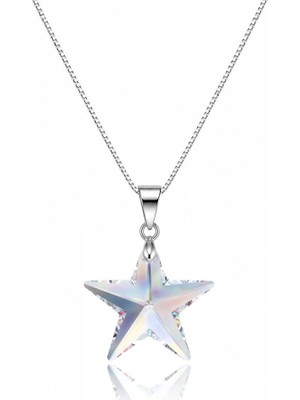 Brezza Lusso Jewelry 925 Ayar Swarovski Taşlı Yıldız 20MM Crystal Ab Kadın Gümüş Kolye